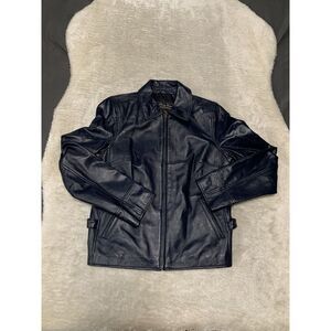 Jerry Lewis Womens Royal Blue Leather Full Zip Moto Y2K Jacket‎ Size Small
